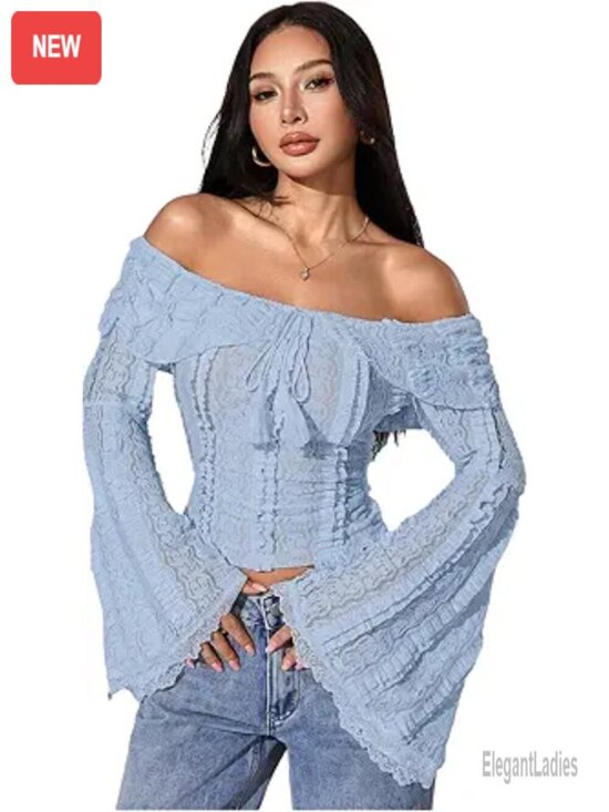 Tops - Off Shoulder Lace Tank Top Bell Sleeve Crop Top Going Out Y2K Summer Top